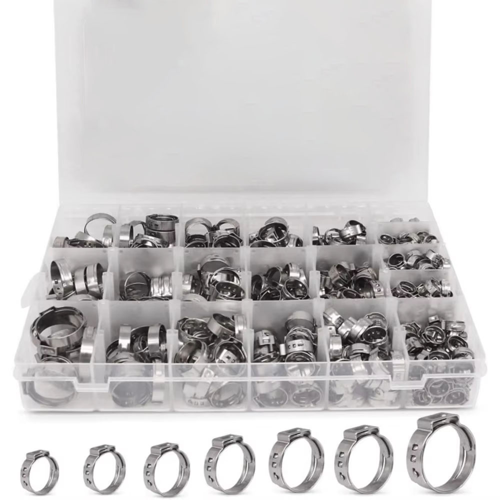 Hose Clamp Assorted - 170個入りシングルイヤーホースクランプ、11種類のサイズ（1/4～1インチ）クリンプステップレスシンチリング、配管ホースクランプ用クリンプ詰め合わせキット