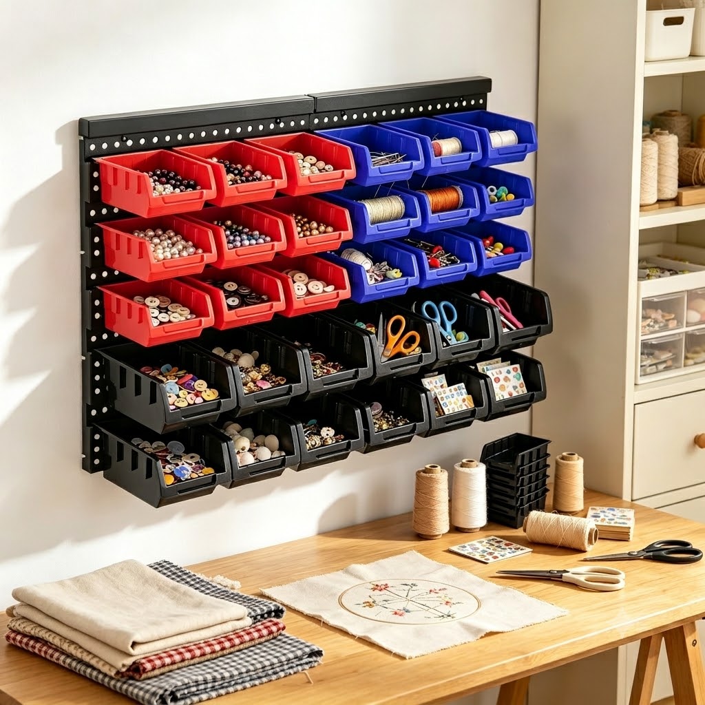 Home Improvement Binford Tools - 壁掛け収納ボックスオーガナイザーラック、30個の2色ビン付き、頑丈なプラスチック製吊り下げ式パーツビンシステム、ネジ、ボルト、ナット、ワッシャー用ガレージ壁掛けハードウェアホルダー、ワークショップ、小屋、DIY、クラフトルーム用の積み重ね可能な大小ツールコンテナ