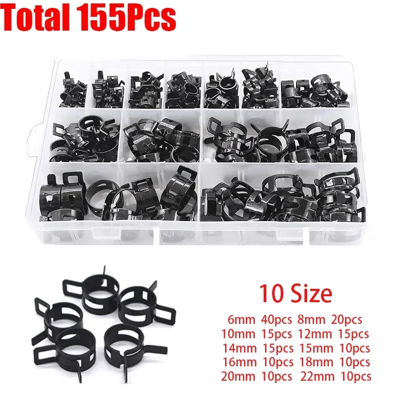 Hose Clamp Assorted - 155個 スプリングバンドホースクランプ詰め合わせキット シリコン真空ホースパイプクランプ 6-22mm 低圧エアクリップクランプ (ブラック)