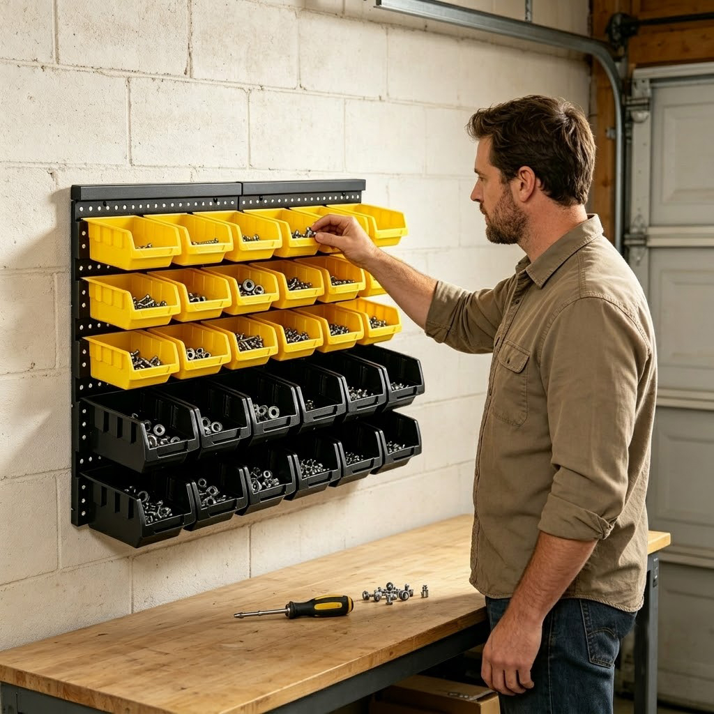 壁掛け収納ボックスオーガナイザーラック、30個の2色ビン付き - Home Improvement Binford Tools のレビューと価格